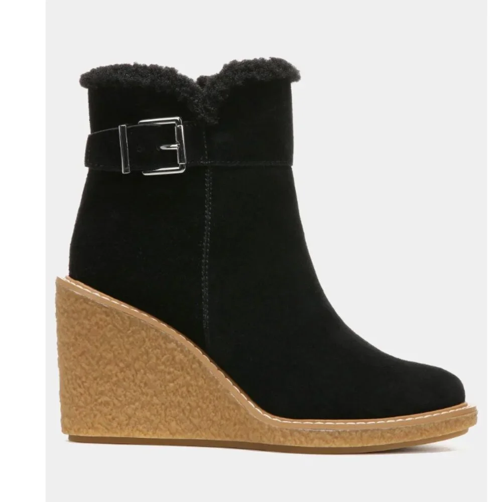 NEW Franco Sarto Women's Ulayna Suede Faux Fur Wedge Boots Black SZ-11